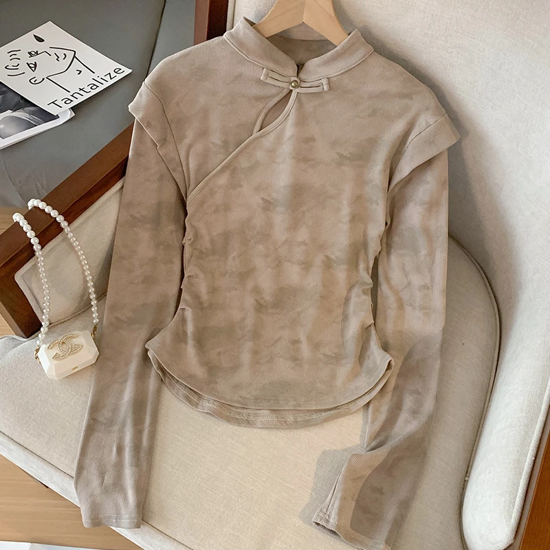 大码立领盘扣T恤女秋冬晕染设计感褶皱宽松内搭时尚打底衫ins上衣