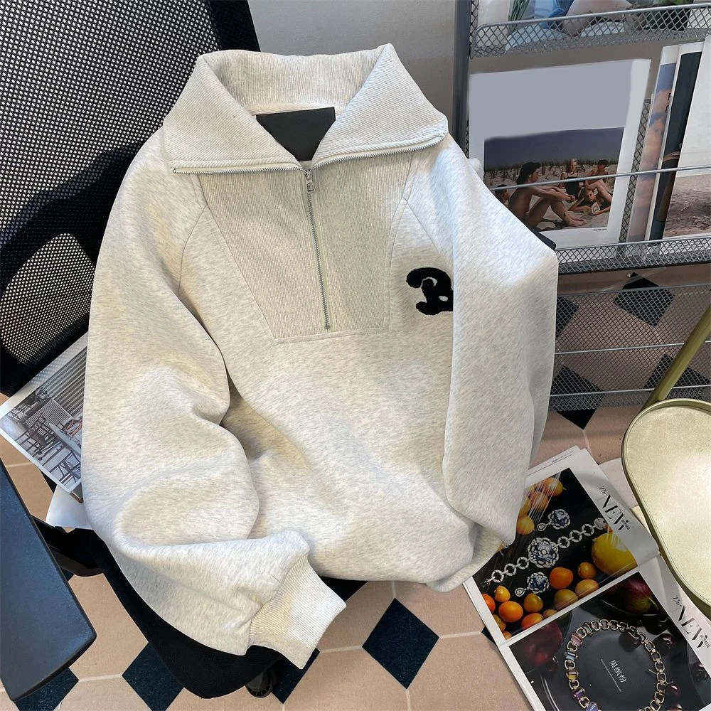 大码灰色半拉链长袖t恤女春季新款宽松加绒小个子套头上衣省钱风