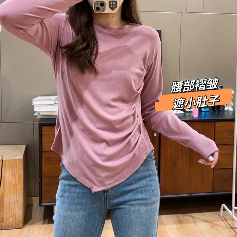 大码小众设计感韩系复古【褶皱腰部】ins设计遮肚显瘦正肩长袖t恤女