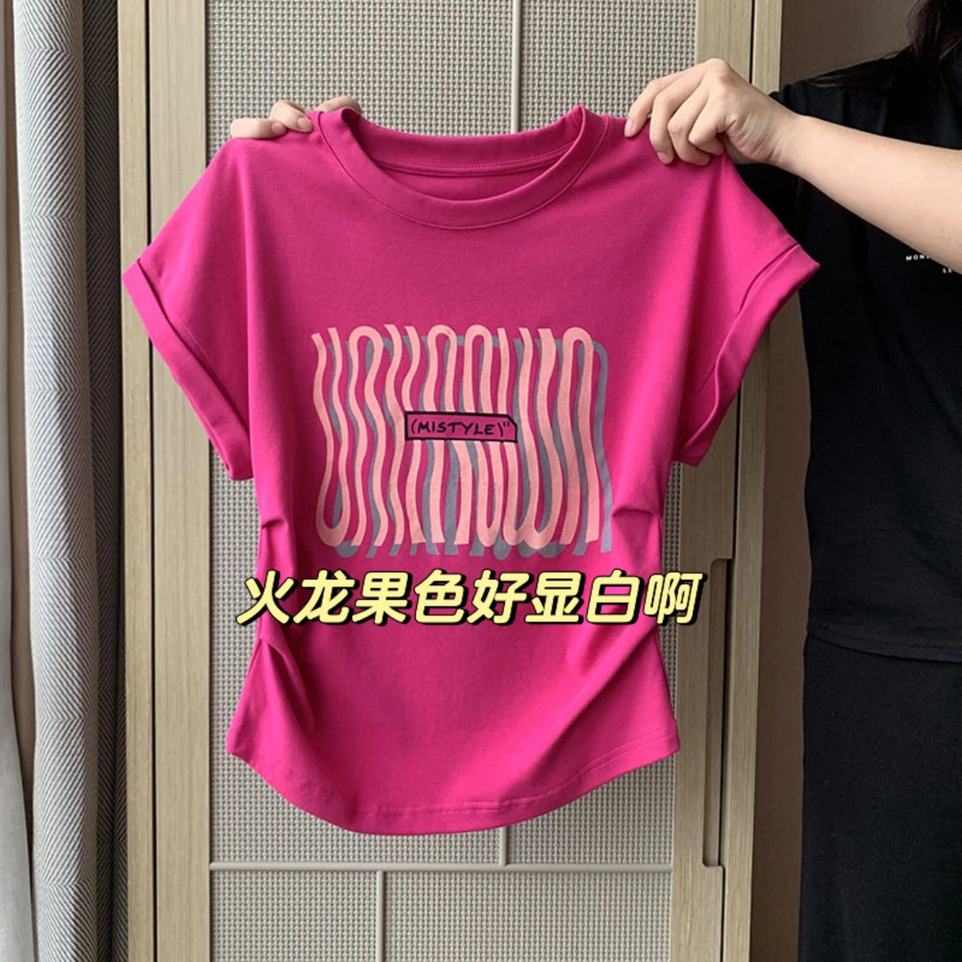 大码美式印花不规则正肩短袖t恤女夏季遮肚子显瘦小飞袖上衣洋气