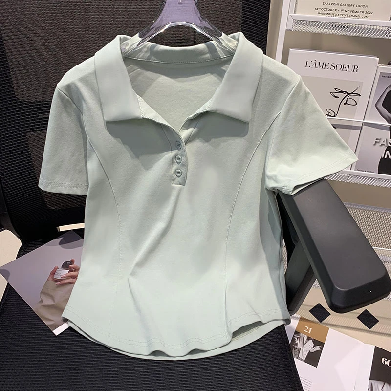 大码减龄独特polo衫短袖t恤女款夏季小个子宽松翻领韩式正肩上衣