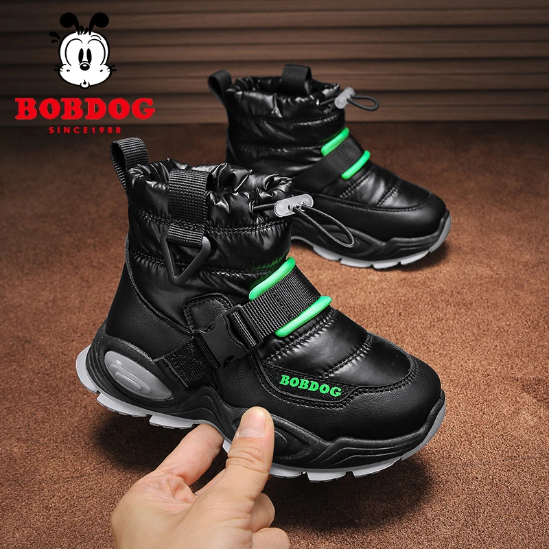 巴布豆儿童雪地靴冬季新款小孩子加绒保暖棉靴皮面加厚高帮男童鞋