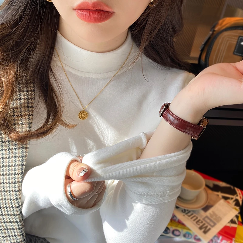 加绒打底衫女秋冬内搭半高领白色加厚t恤2024新款宽松小立领上衣