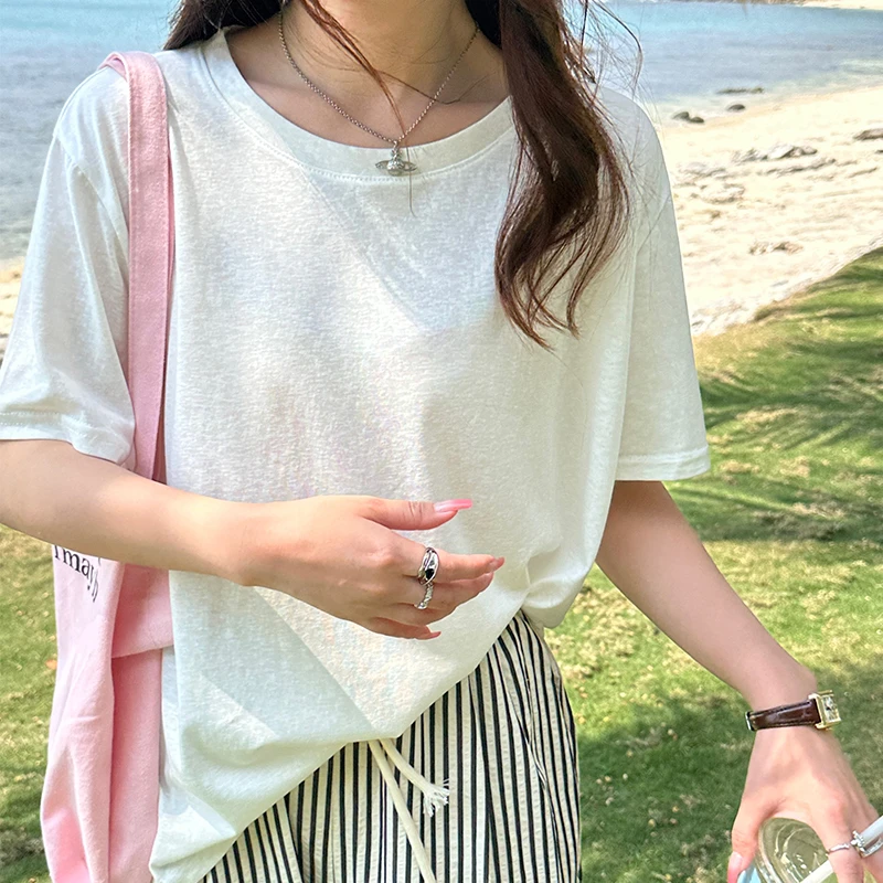 白色短袖t恤女夏季2025新款休闲百搭薄款圆领基础款时尚T棉麻上衣