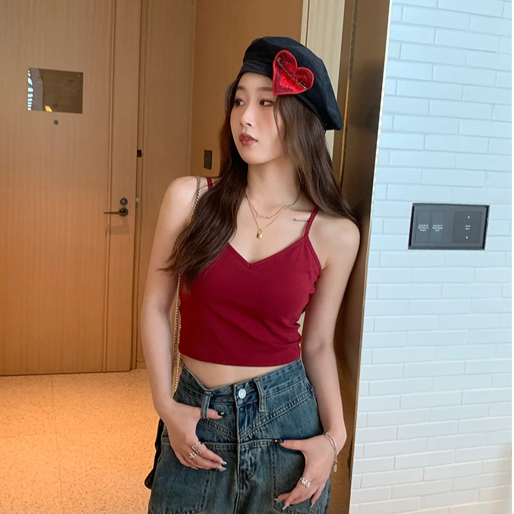 红色美背吊带挂脖胸垫穿搭背心2025新款外穿女背心打底网红上衣