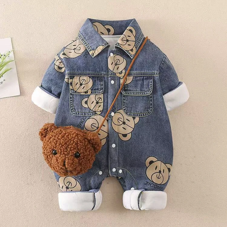 婴儿秋冬装牛仔连体衣可爱男女宝宝加棉加绒周岁新生儿外出爬服