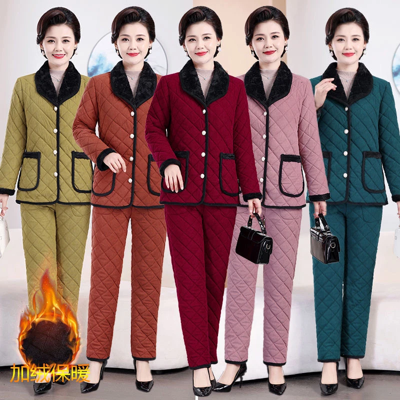 老人棉衣套装加绒加厚棉袄保暖大码女装两件套中老年女妈妈装棉服