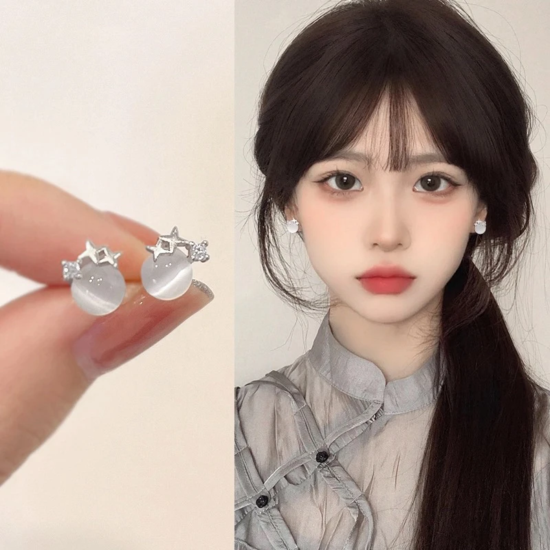 铜合金耳饰 925银针7167《星辰》ins学生猫猫眼石小清新小巧耳钉
