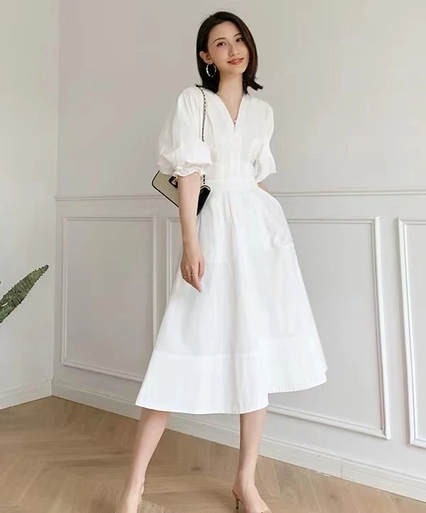 10件一上车（071-080）连衣裙女夏ｖ领泡泡袖时尚新款显瘦气质长裙