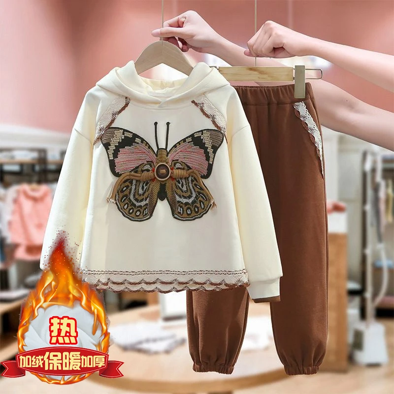 女童秋冬中国风刺绣加绒卫衣套装洋气儿童中大童休闲运动裤两件套