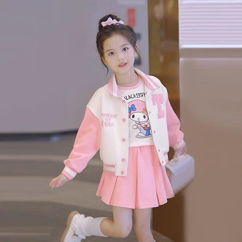 女童秋装套装2025新款儿童美乐蒂棒球服外套小女孩百褶裙三件套潮