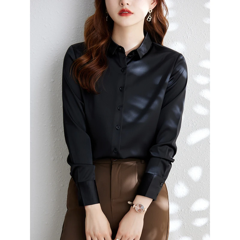 长袖衬衫女简约上衣2022年新款时尚气质职业衬衣工作服黑色春秋装