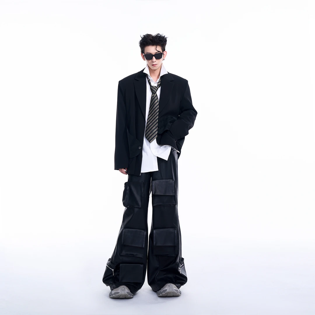 STARTEXCEEDEND小众原创结构设计感西装外套男秋冬半拉链西服男士