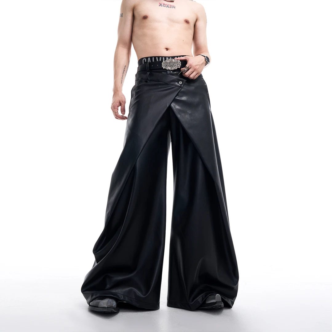 STARTEXCEEDEND错位双摺设计黑色皮裤男阔腿