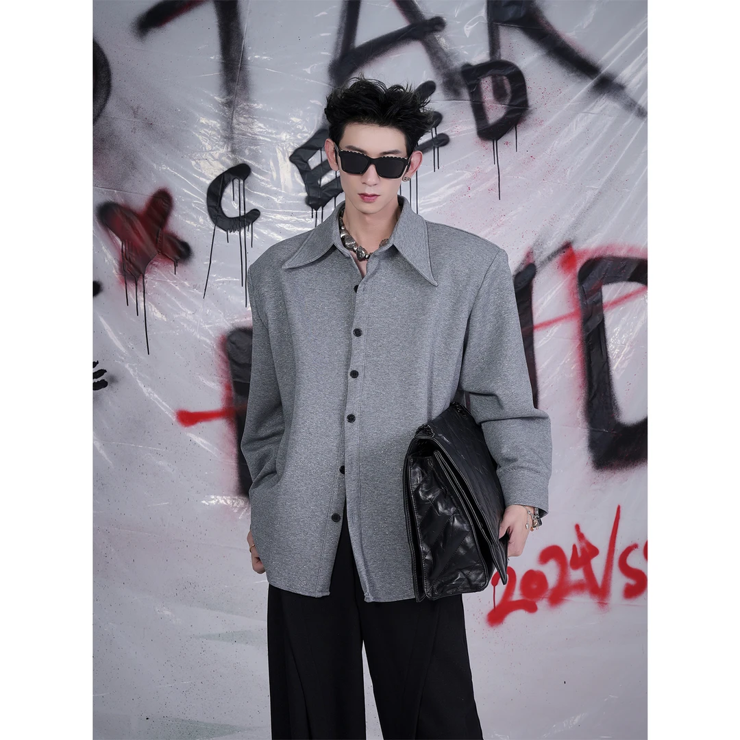 大领子衬衫男高级感 2024新款灰色细闪宽松男生垫肩休闲衬衣