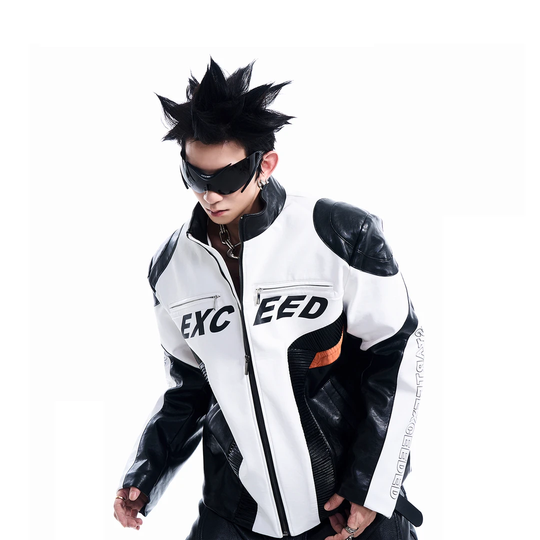 STARTEXCEEDEND小众原创字母印花加厚机车服外套男秋冬皮衣夹克