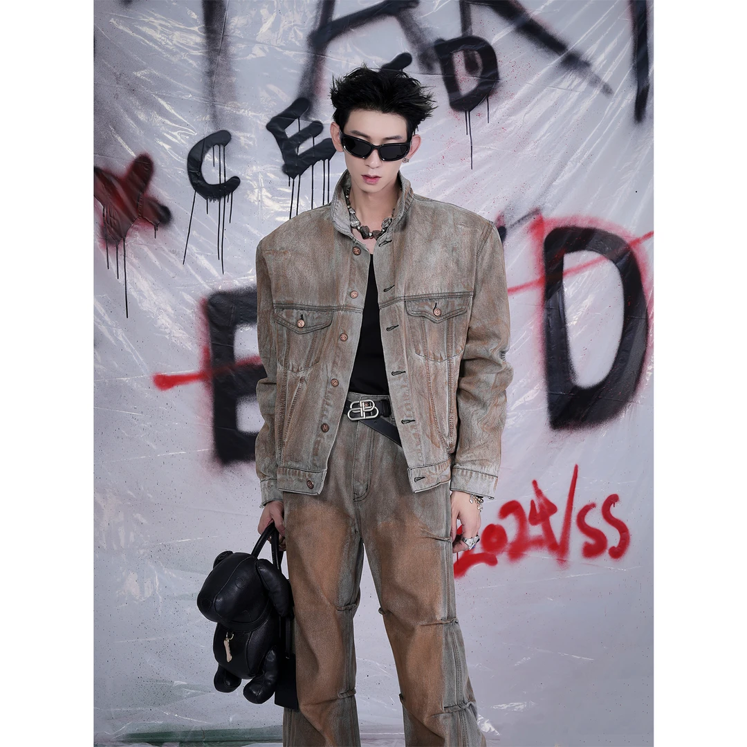 复古牛仔外套男短款 美式高街潮牌春秋季男士黄泥染痞帅垫肩夹克