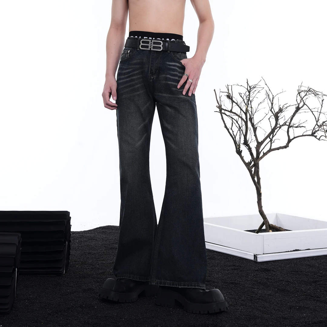 小瘦子男装 美式复古水波纹做旧牛仔裤男vintage休闲直筒微喇裤