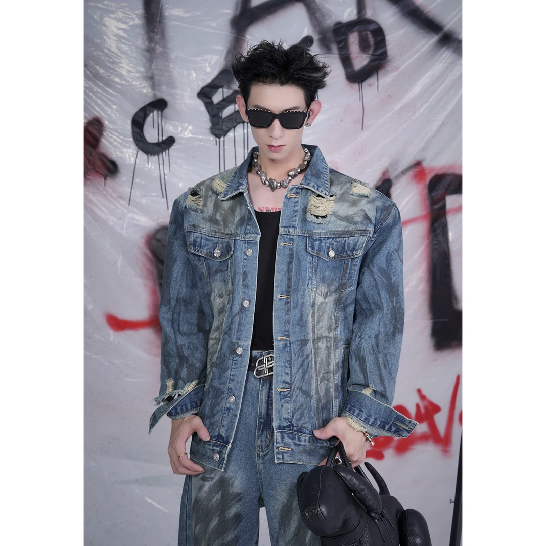美式复古牛仔外套男 2024春季新款男生破洞脏脏水洗做旧牛仔衣潮
