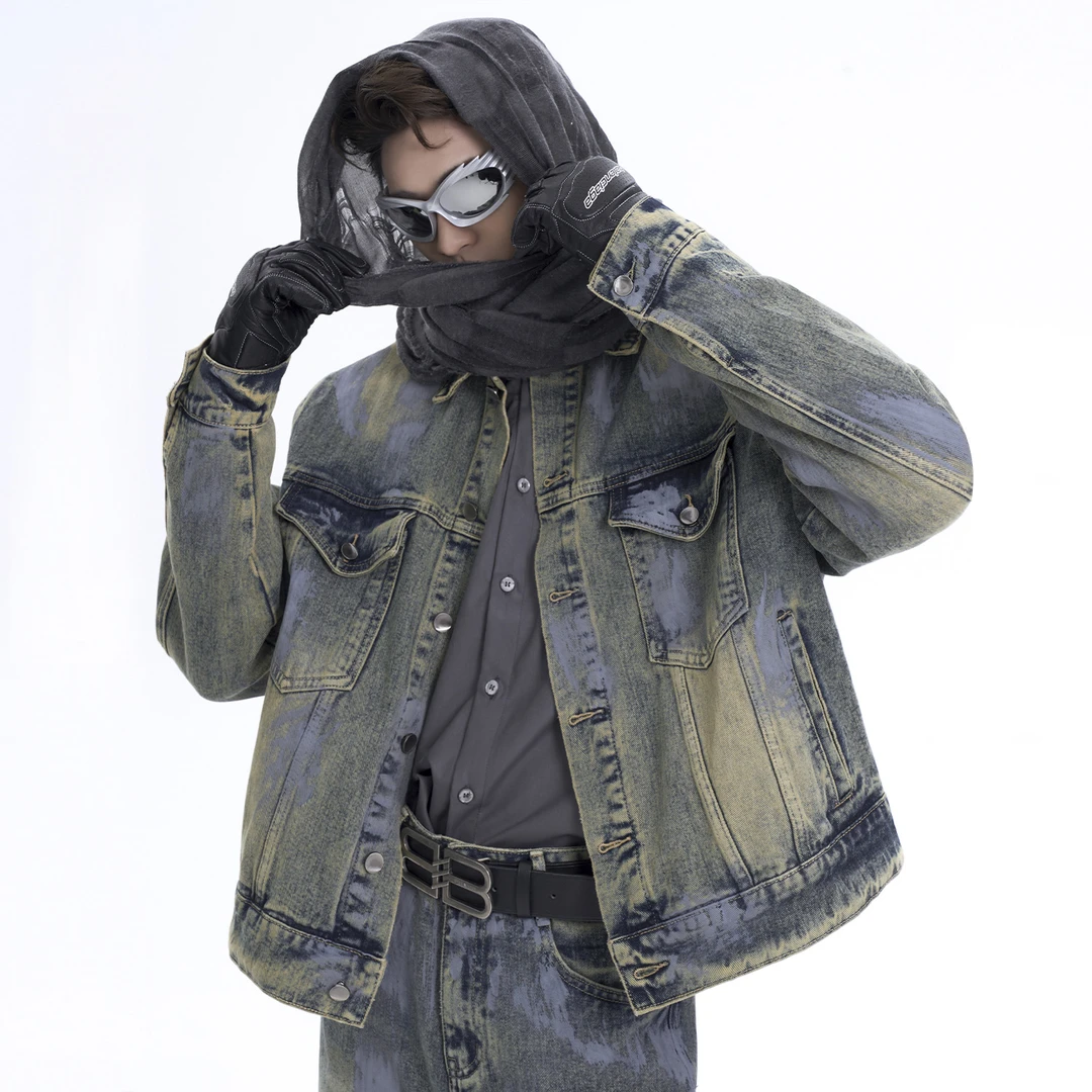 STARTEXCEEDEND小众做旧复古水洗牛仔外套宽松垫肩夹克上衣套装