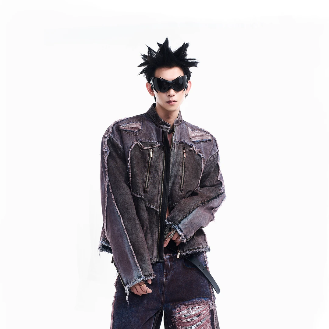 STARTEXCEEDEND小众战损加厚夹棉破坏流苏拉链牛仔外套男秋冬痞帅