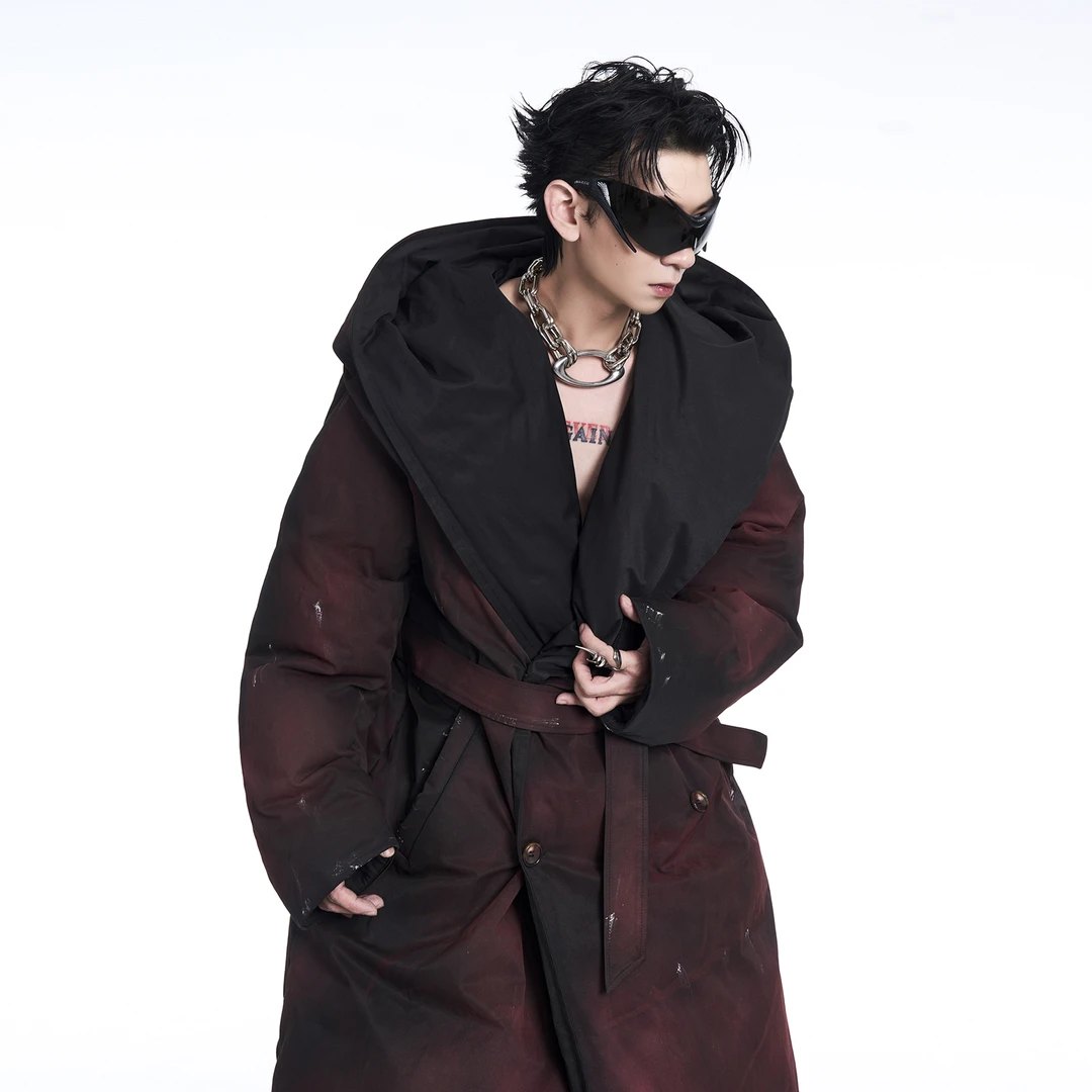 STARTEXCEEDEND喷绘涂鸦连帽中长款风衣男脏脏棉服外套