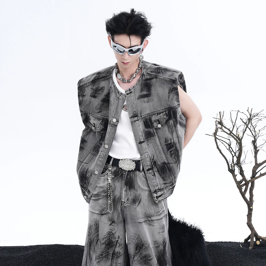 小瘦子男装 美式街头涂鸦垫肩无袖牛仔外套男马甲坎肩背心