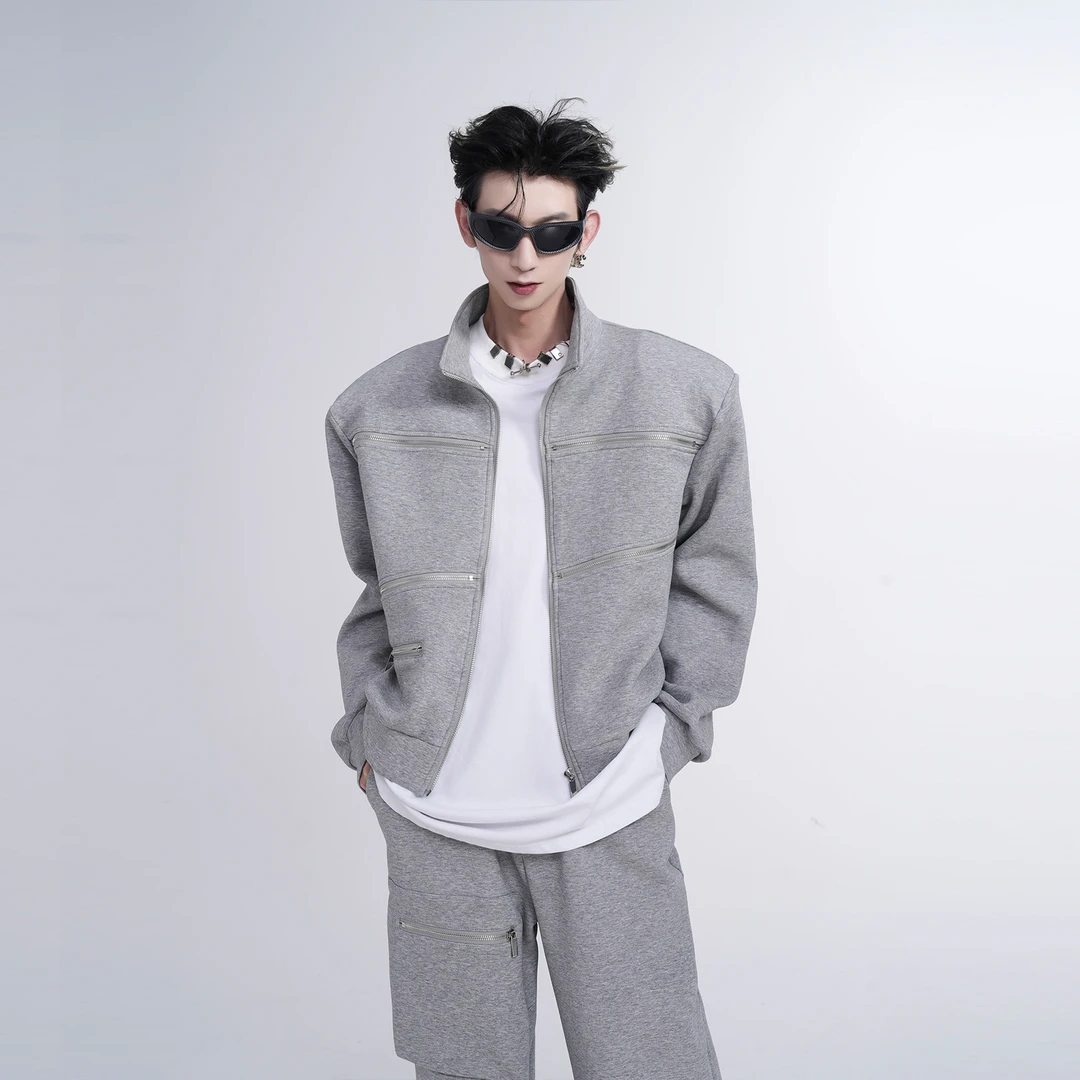 灰色立领开衫卫衣男 春秋款男士太空棉短款痞帅潮流垫肩拉链外套