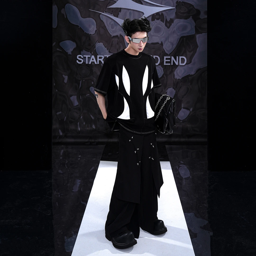 小瘦子男装 原创解构设计美式潮牌短袖t恤男夏拼皮小众高级感