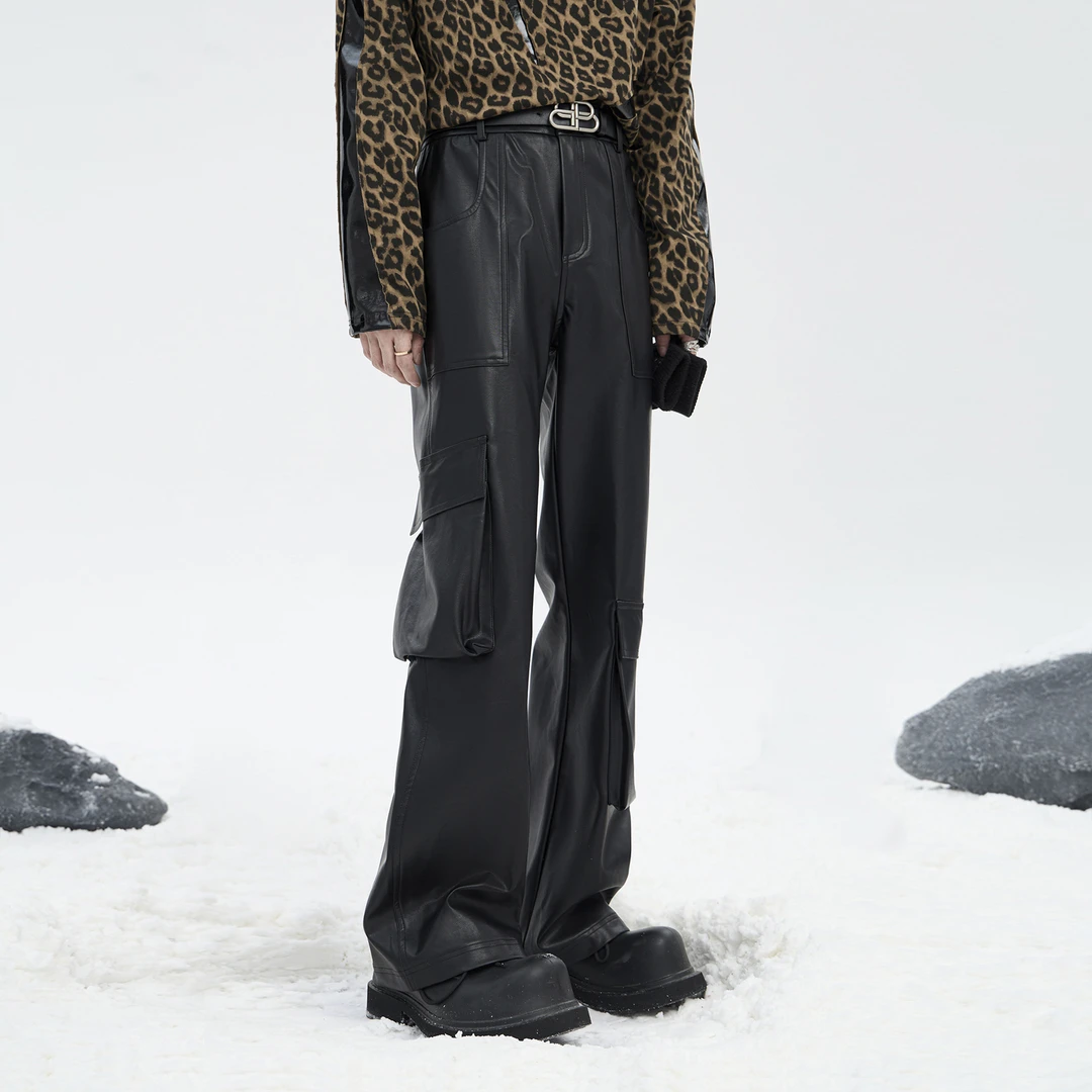 STARTEXCEEDEND立体口袋设计感皮裤男微喇叭休闲长裤潮