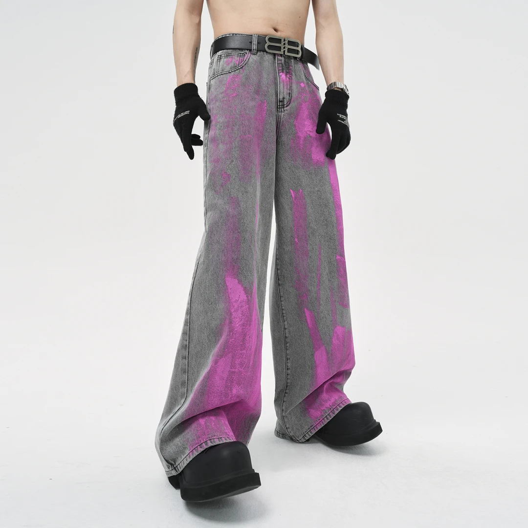 涂层牛仔裤男美式高街 废土风原创灰色阔腿裤男女A型烟灰色拖地裤