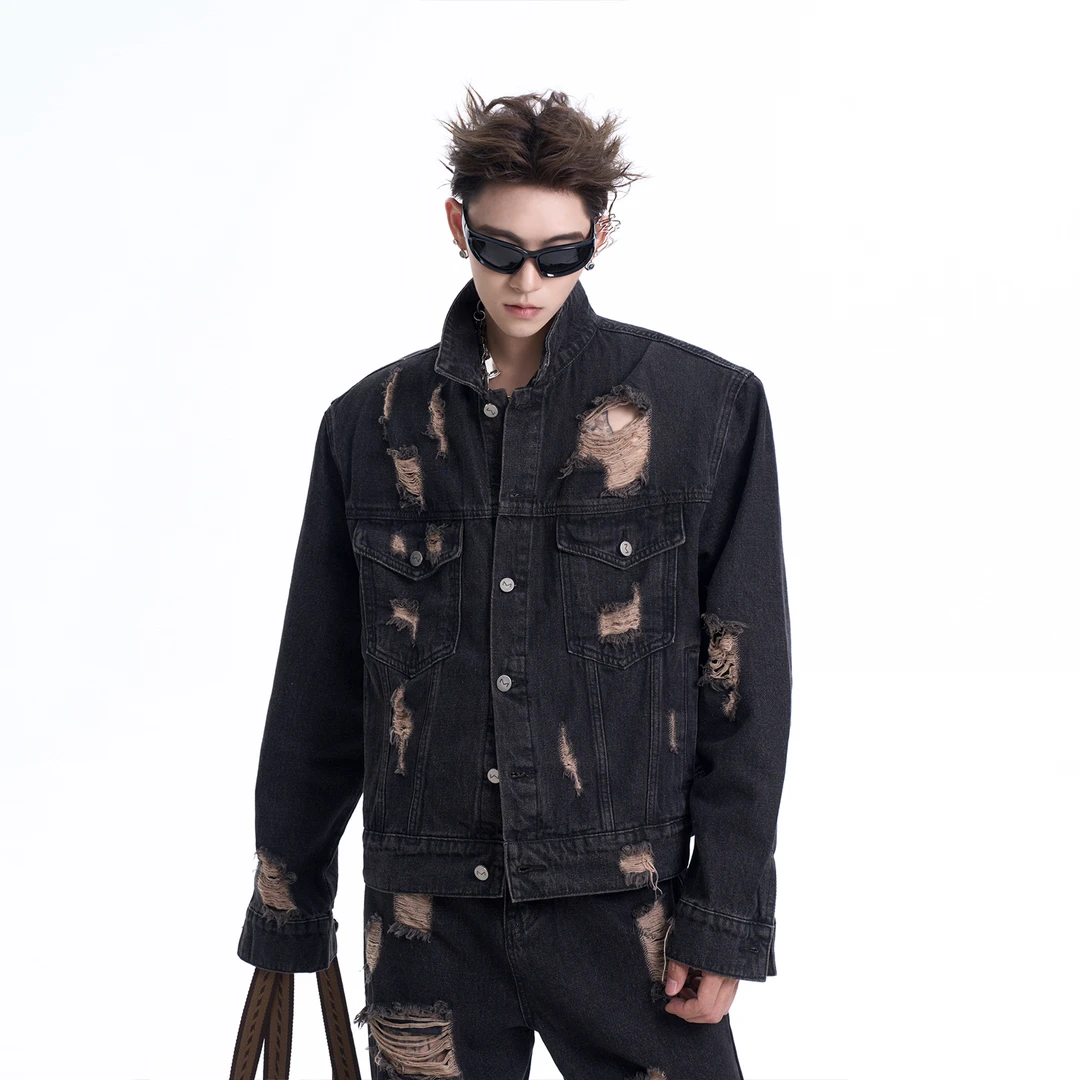 STARTEXCEEDEND废土风破坏垫肩牛仔外套男秋季重磅做旧夹克套装