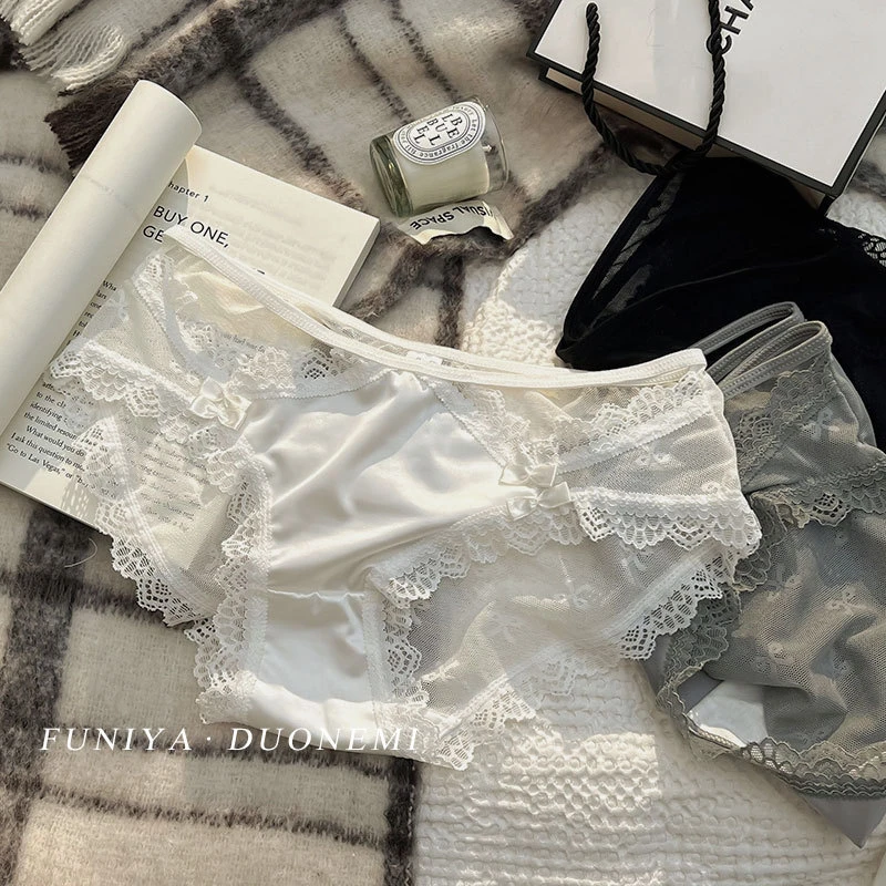 法式性感少女内裤女士中腰蕾丝边透明火辣少女轻奢缎面冰丝内裤女