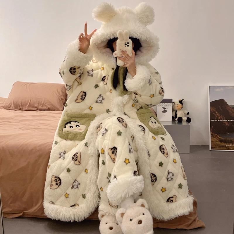 2024新款冬季加绒加厚三层夹棉睡衣女可爱两件套睡袍家居服可外穿