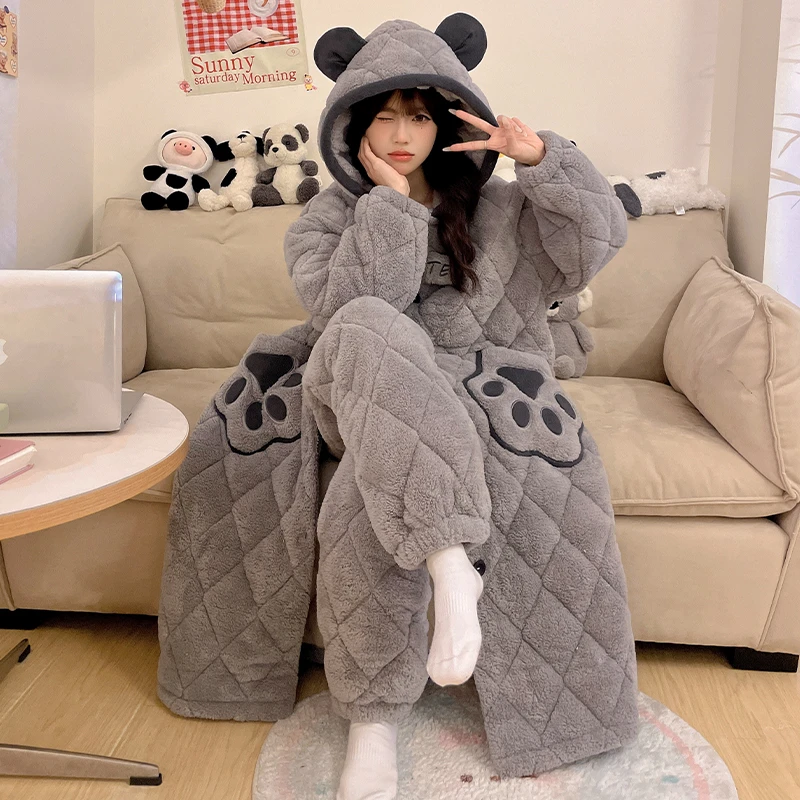 秋冬三层夹棉睡衣女加厚加绒卡通保暖冬季爆款可外穿家居服套装