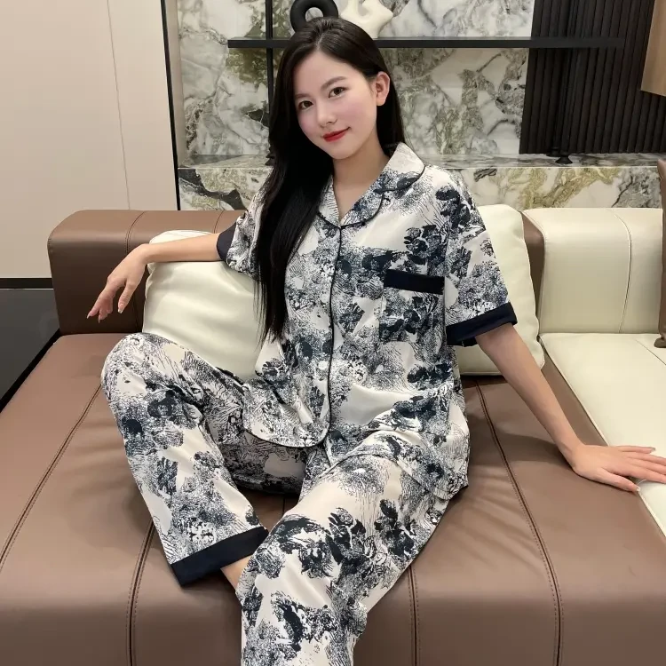 2024年新款夏季睡衣女三件套国潮小众轻奢水墨风可外穿家居服套装