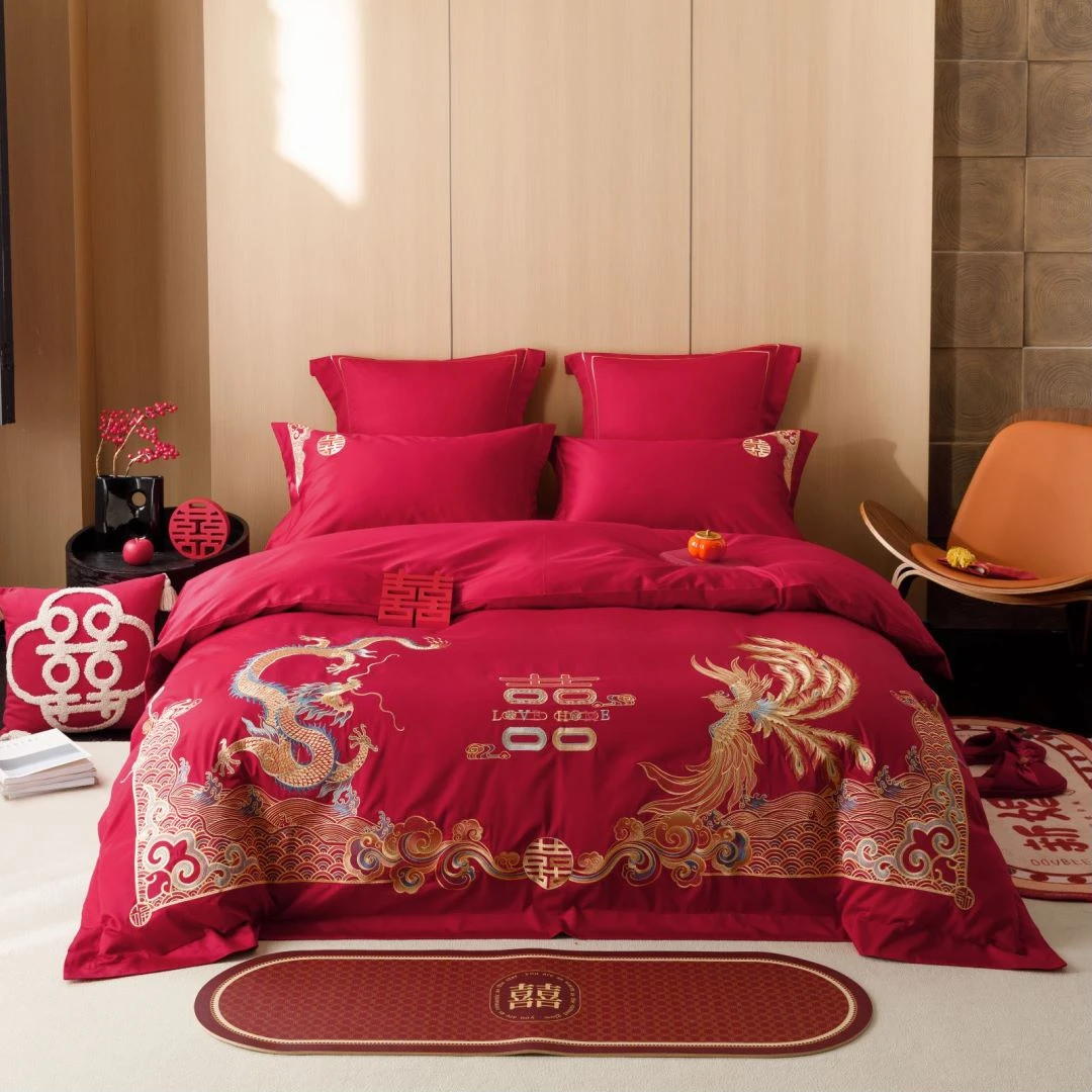 龙凤婚庆四件套大红色结婚喜被高支刺绣新婚礼床上用品套件