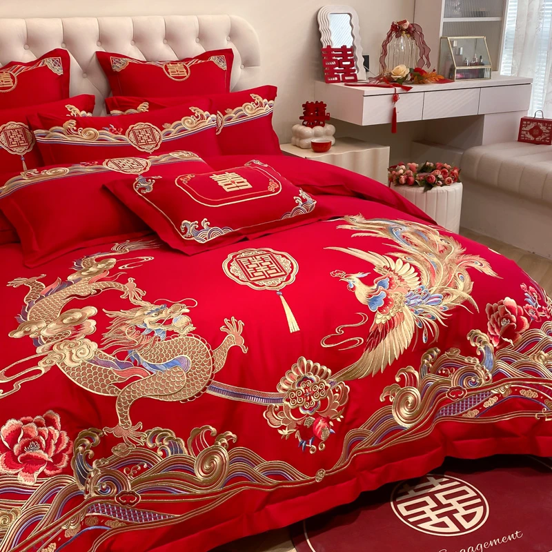 新款结婚四件套大红被套婚庆被罩喜被婚房被套结婚被套大红色被套