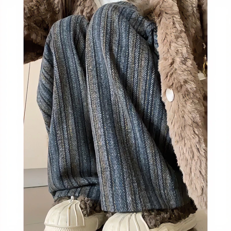 加绒阔腿裤女秋冬季2025新款高腰垂感直筒慵懒休闲复古条纹毛呢裤