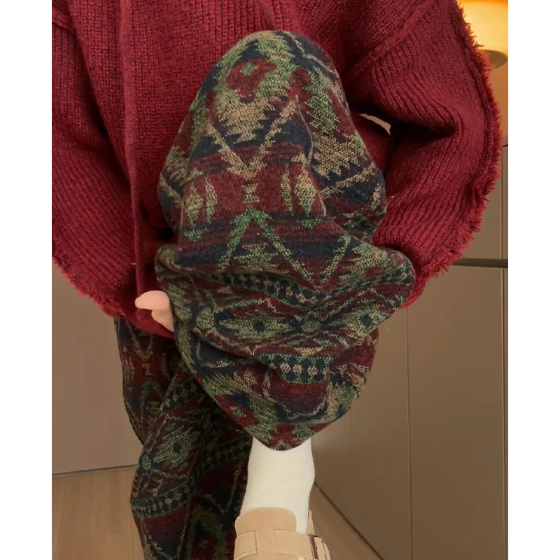 民族风阔腿裤女秋冬季2025新款高腰宽松直筒格纹慵懒复古毛呢裤子