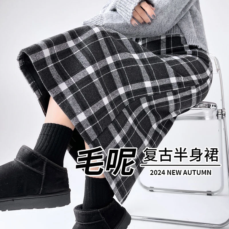 黑色秋冬加厚毛呢格子半身裙女后开叉复古高腰显瘦A字中长款裙子
