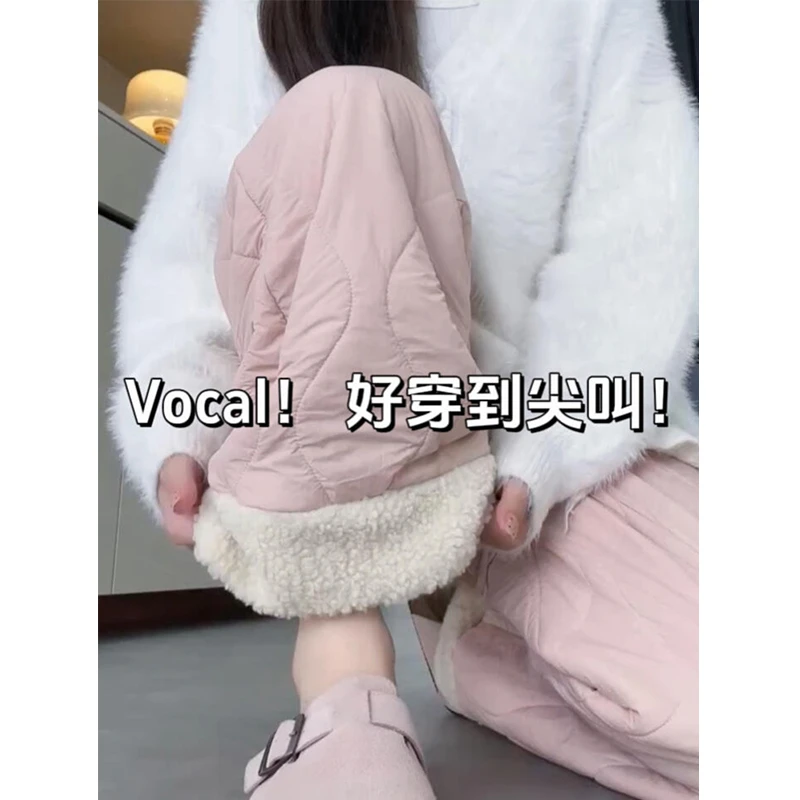 粉色加绒保暖棉裤女外穿秋冬2025新款休闲小个子东北摇粒绒阔腿裤