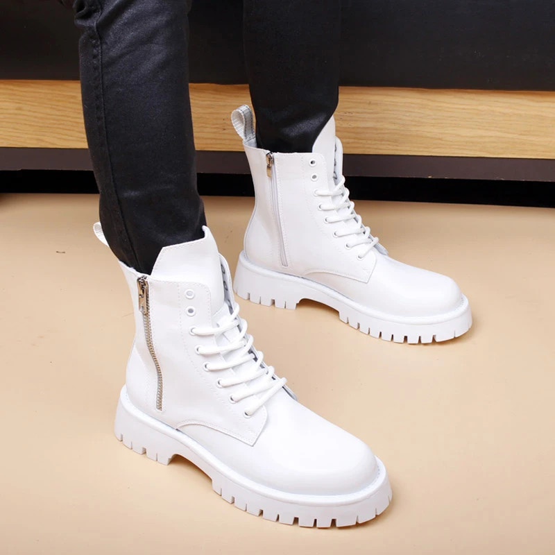 男士新款马丁靴加绒高帮百搭短靴中筒男靴内增高切尔西皮靴子白色