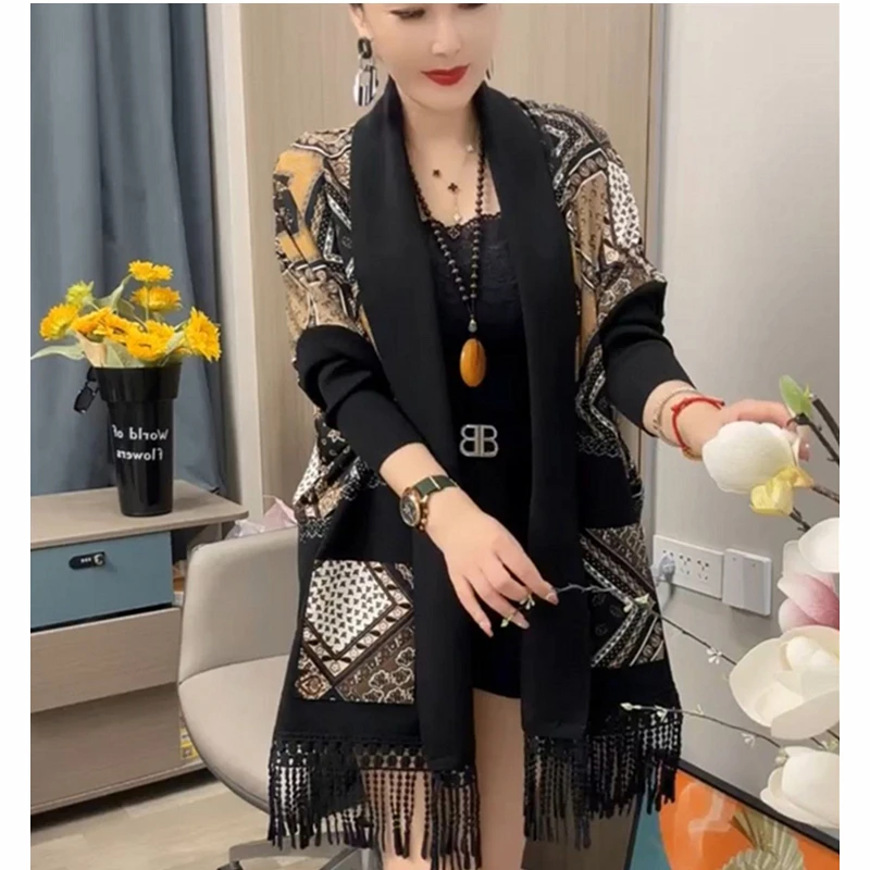 流苏时髦洋气时尚外搭宽松百搭中长款气质显瘦针织开衫女斗篷披肩