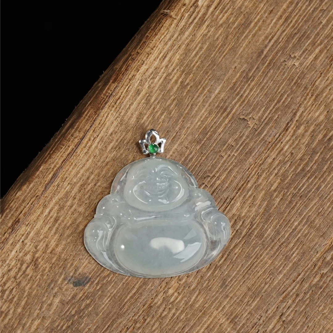 天然A货翡翠佛公18k金扣头吊坠