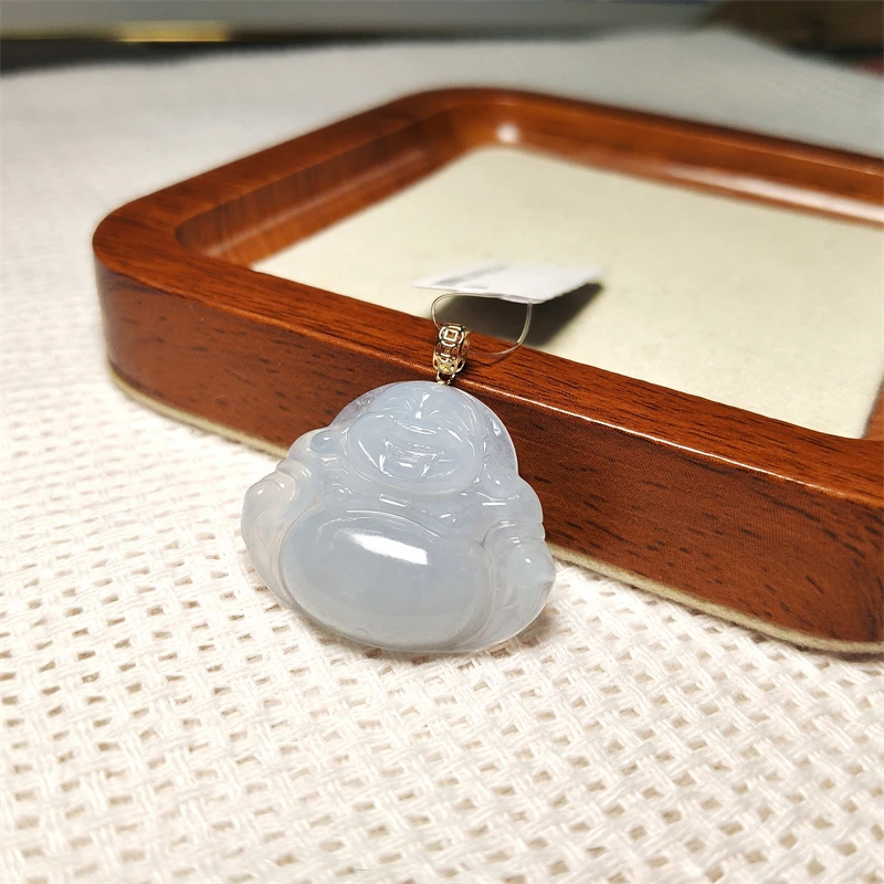 天然A货翡翠佛公18K金扣头吊坠