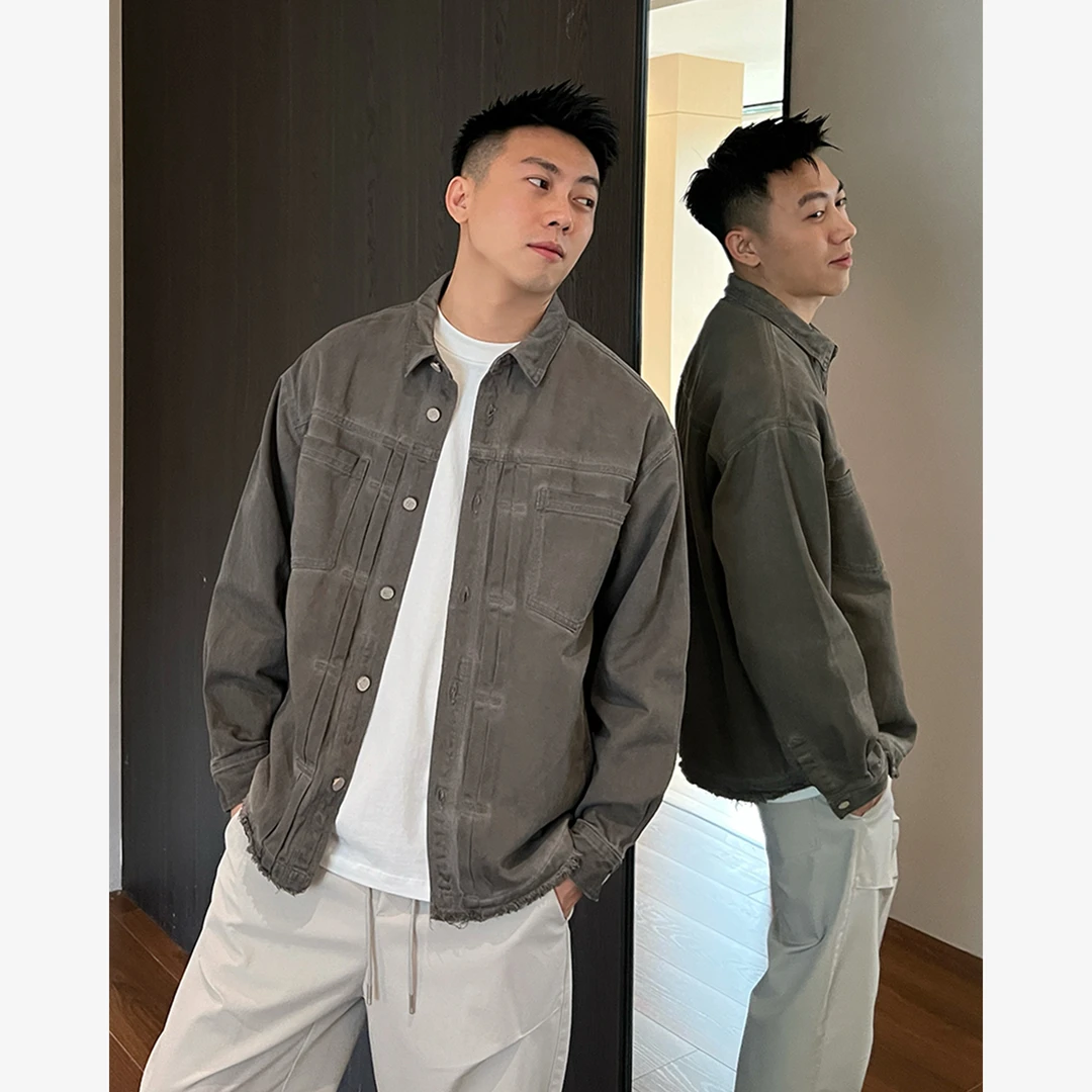 YIHAO STUDIO秋季新款男士水洗潮流牛仔衬衫宽松百搭灰色长袖衬衣