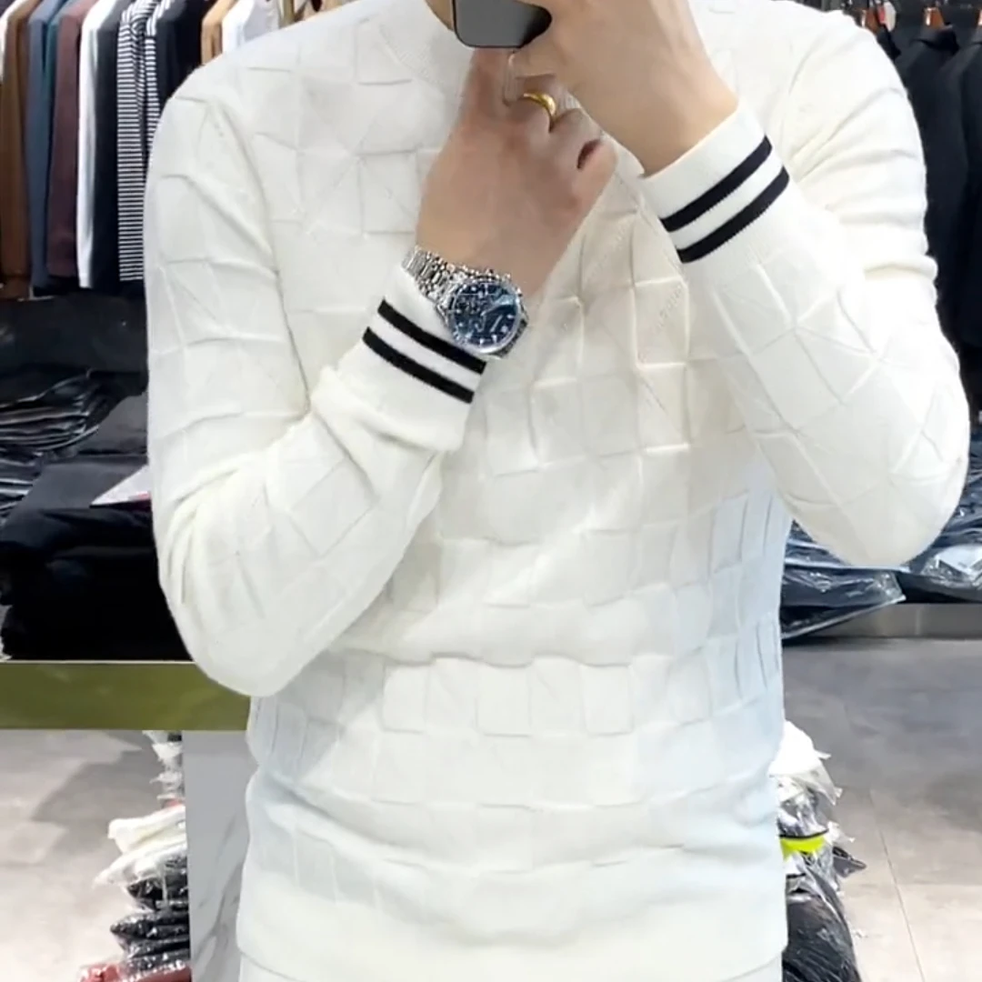 2024秋冬男装加厚上衣衫新款潮男帅气修身保暖毛衣圆领针织打底衫