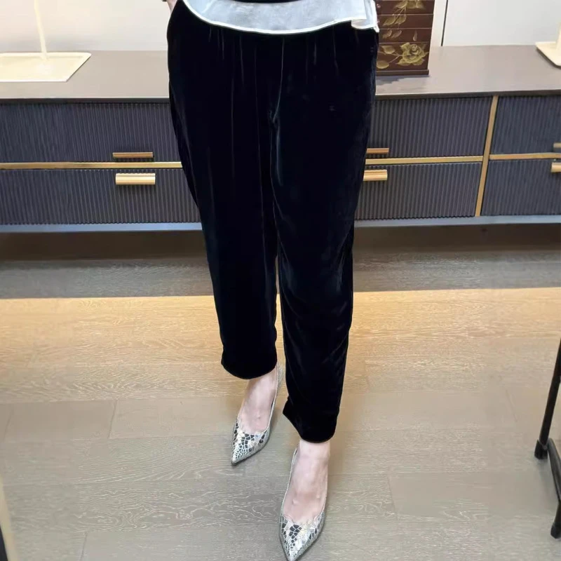 琎口韩国丝绒九分裤子女秋冬松紧高腰宽松垂感哈伦裤舒适休闲裤