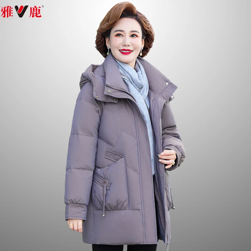 V/雅鹿冬季保暖舒适宽松休闲加绒加厚连帽中老年时尚女装2060